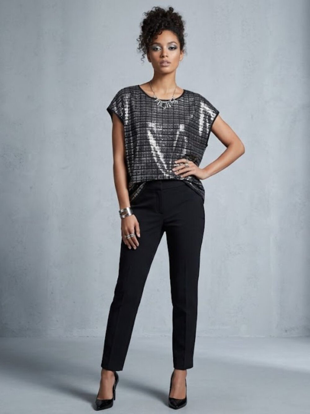 Calvin Klein Women's Glitzy Metallic Black & Silver Top Sz 2X/2G/21G